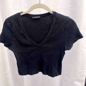 Brandy Melville crop top, V-neck, short sleeve, black ribbed